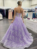 Purple sweetheart neck tulle sequin long prom dress, purple evening dress