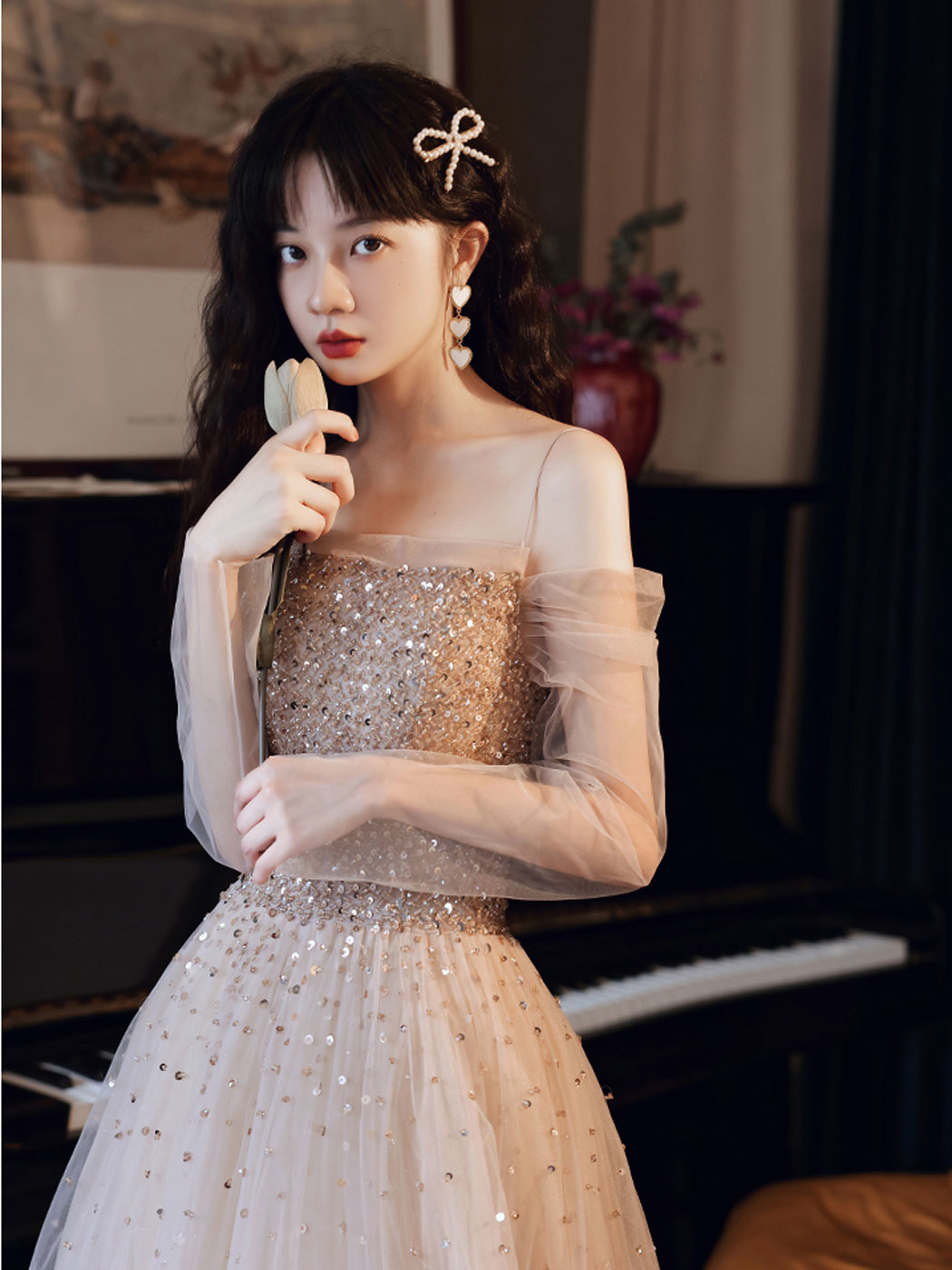 Champagne Tulle Sequin Long Prom Dresses, Champagne Formal Evening Dre dresstby Champagne Tulle Sequin Long Prom Dresses, Champagne Formal Evening Dre dresstby