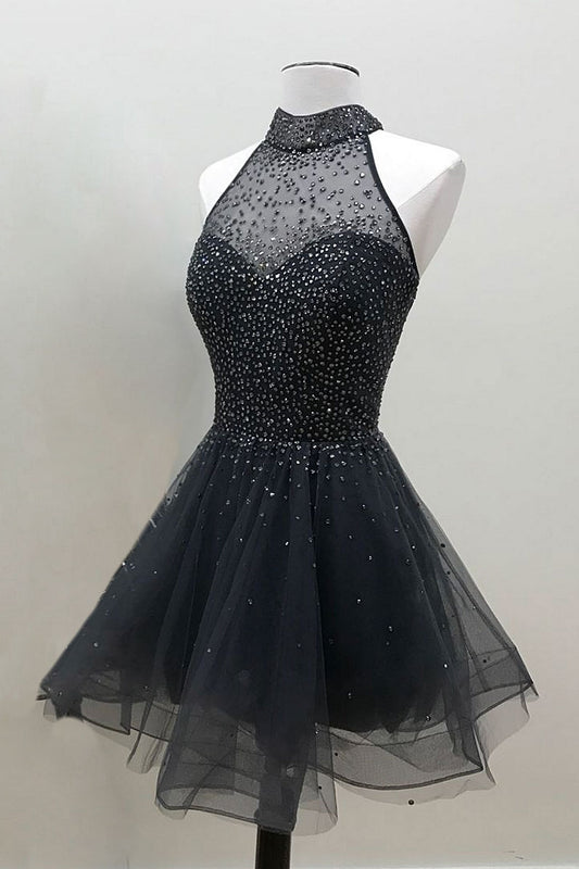 Black tulle sequin short prom dress, black homecoming dress