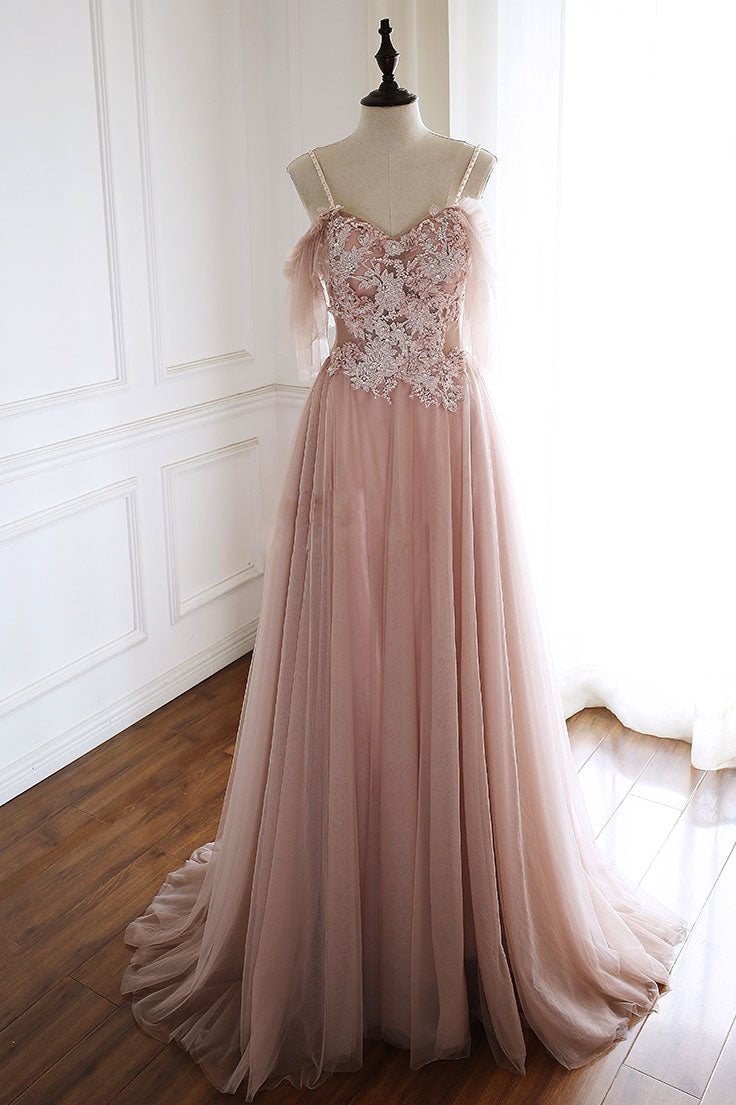 Unique pink tulle lace long prom dress, pink evening dress