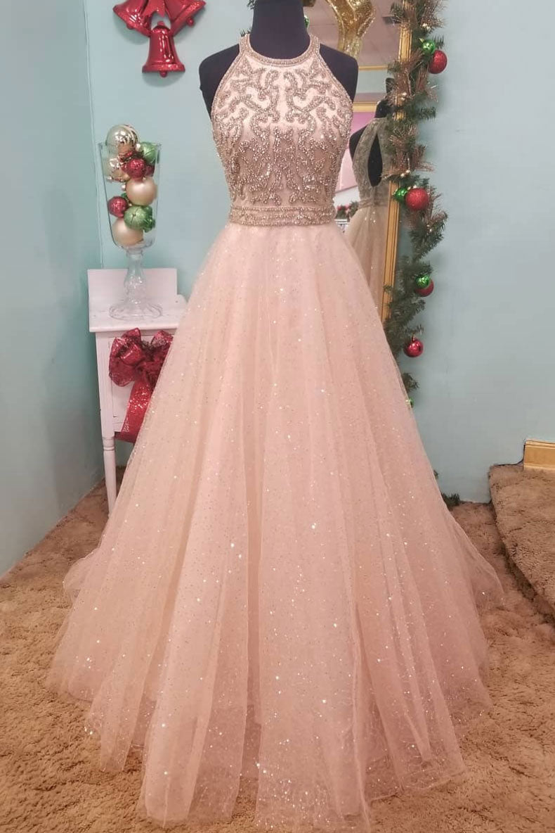 Unique tulle round neck tulle sequin long prom dress, champagne evening dress