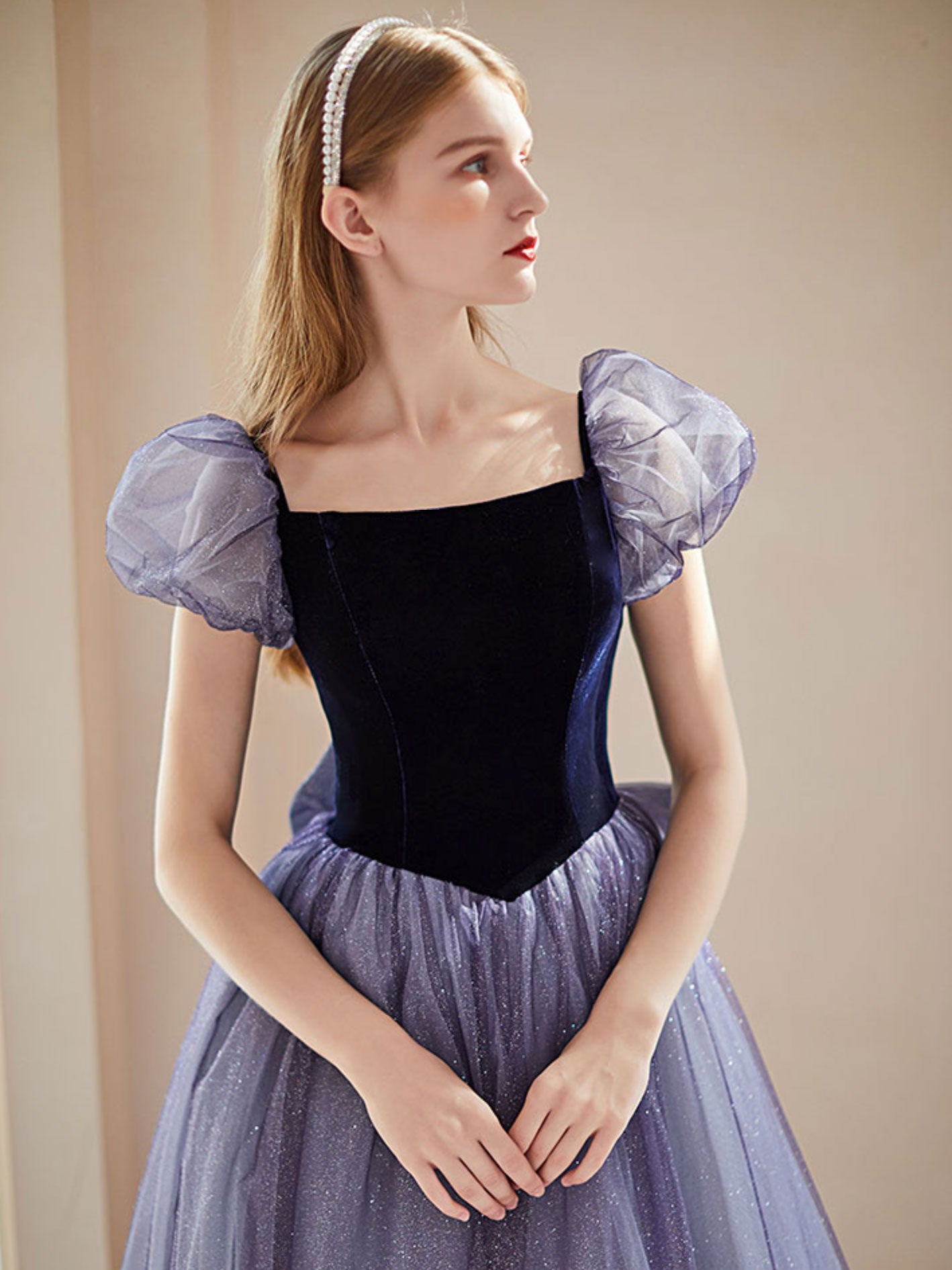 Simple purple tulle long prom dress, purple tulle evening dress
