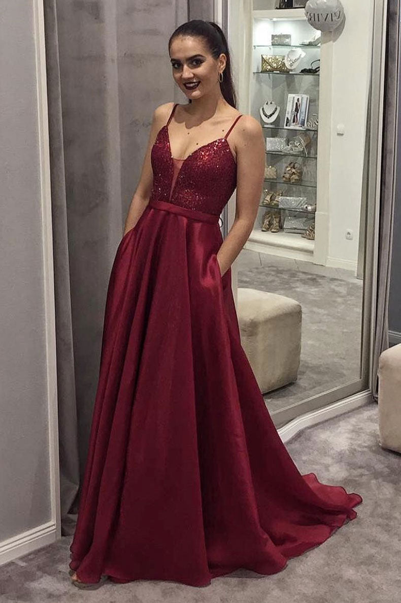 Simple v neck satin sequin long prom dress, burgundy evening dress