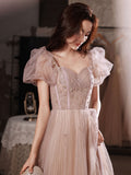 Flesh pink tulle long prom dress, tulle pink evening dress