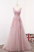 Pink v neck tulle lace long prom dress, pink evening dress