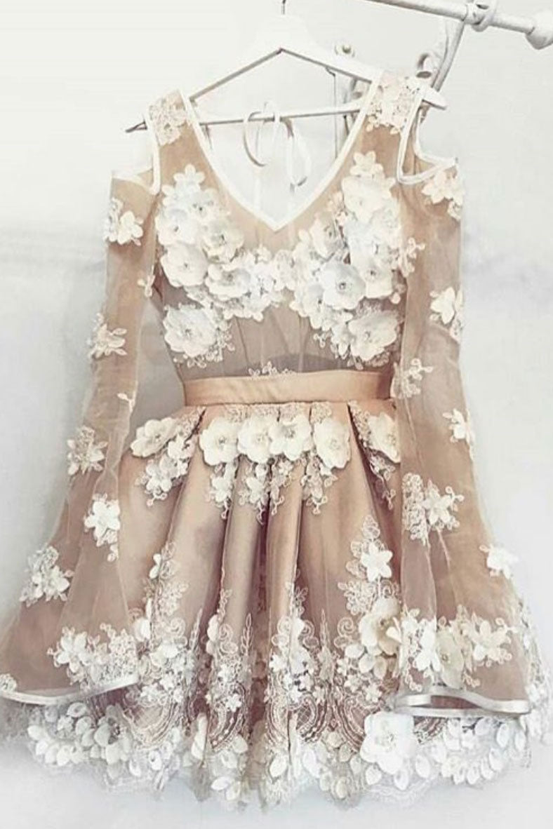 champagne tulle lace short prom dress, champagne homecoming dress
