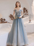 Blue tulle off shoulder long prom dress, blue tulle evening dress