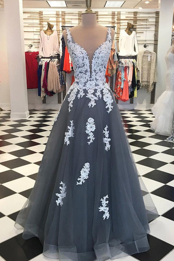 Gray v neck tulle lace applique long prom dress, gray evening dress
