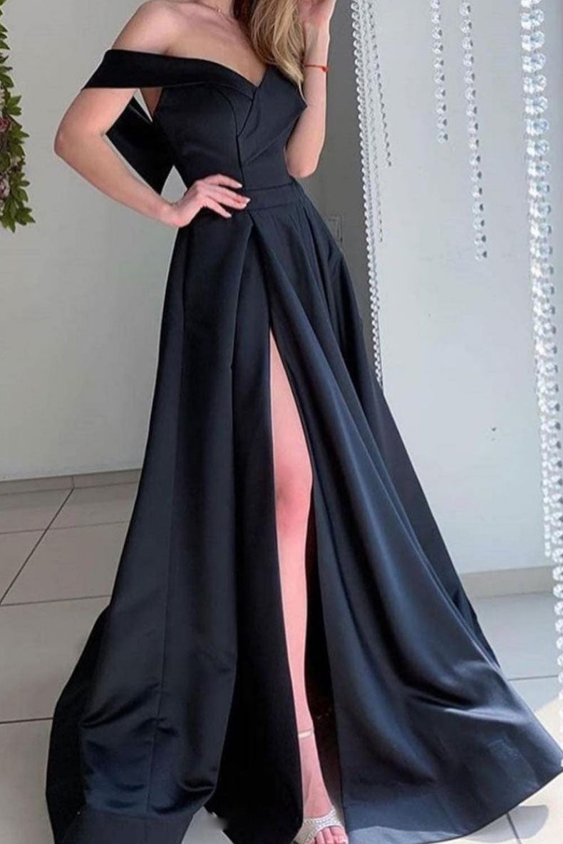 Simple black satin long prom dress black satin evening dress