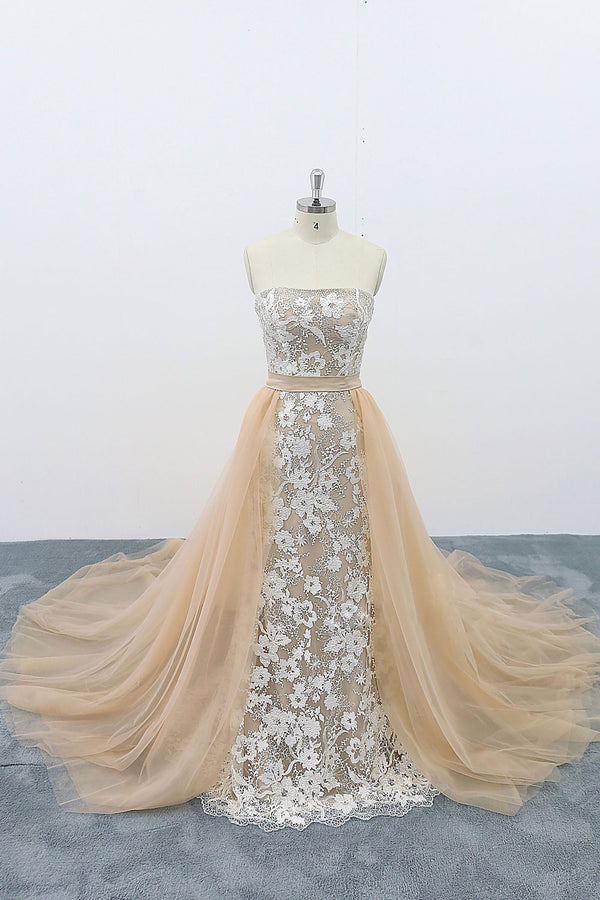 Champagne tulle lace long prom dress, champagne lace evening dress