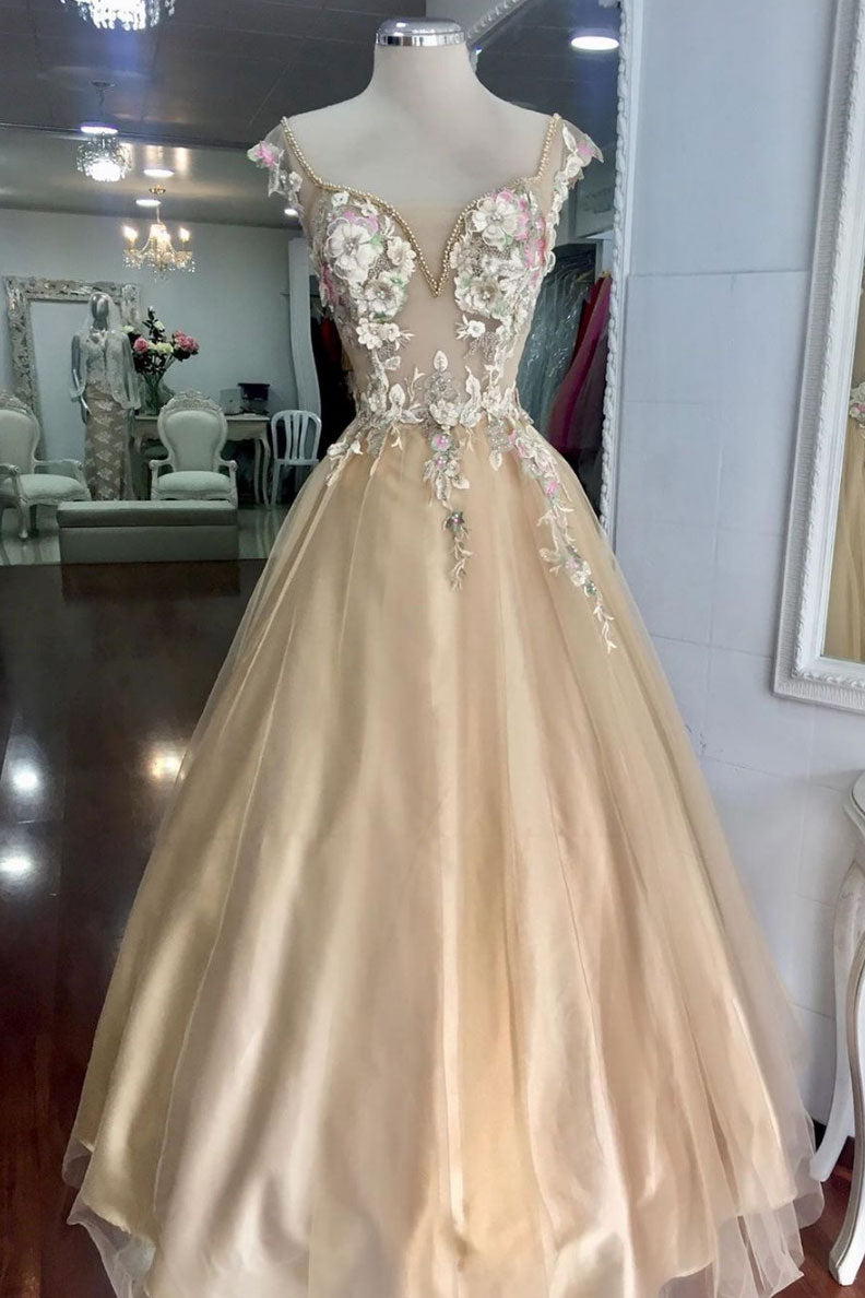 Champagne tulle lace flower long prom dress, evening dress