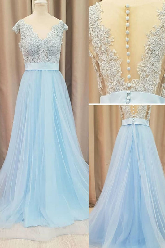 Blue lace tulle long prom dress, blue lace evening dress