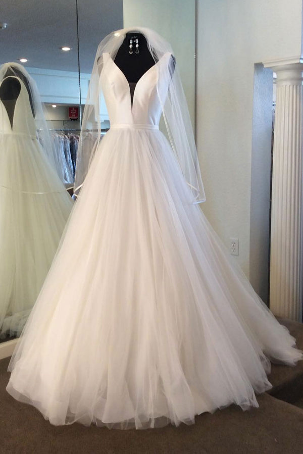 White v neck tulle long prom dress, white wedding dress