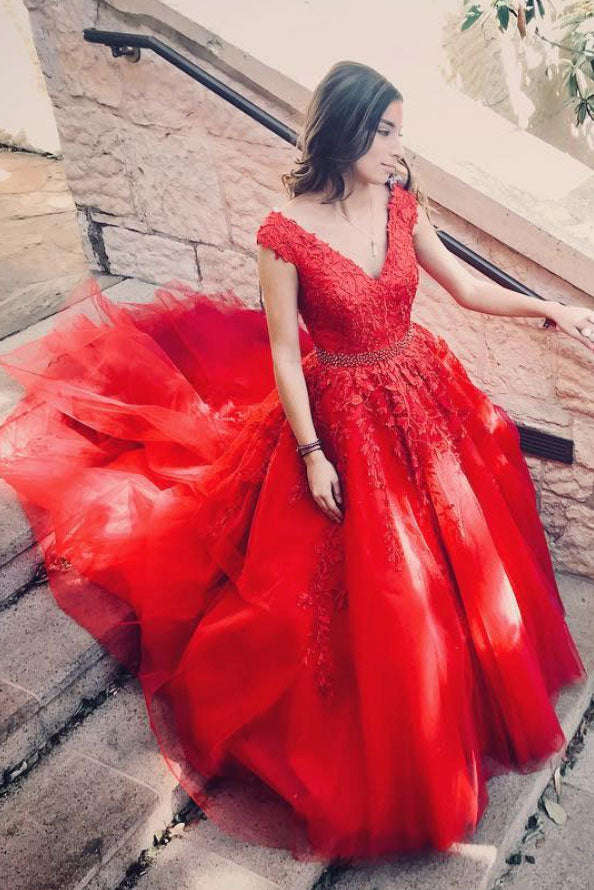 Red v neck tulle lace applique long prom dress, red tulle evening dress