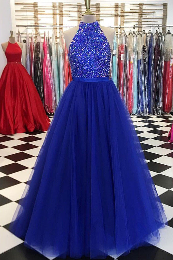 Unique blue tulle beads long prom dress, tulle evening dress