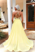 Yellow v neck chiffon beads long prom dress yellow formal dress