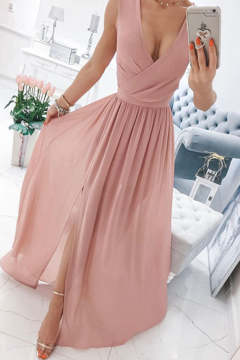 Simple chiffon pink long prom dress pink bridesmaid dress