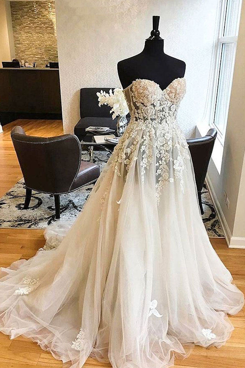 White sweetheart lace applique tulle wedding dress, lace wedding gown
