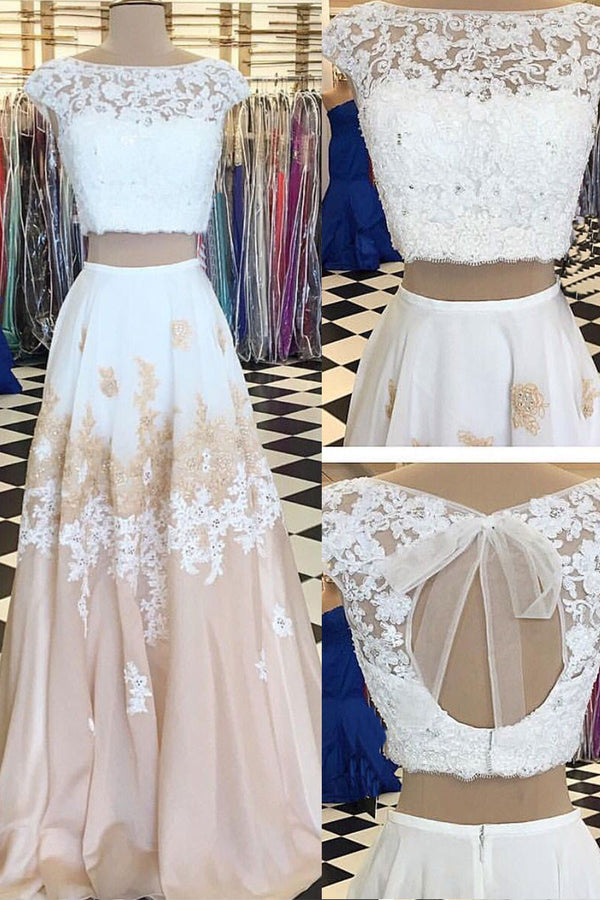 Unique two pieces chiffon lace long prom dress, lace evening dress