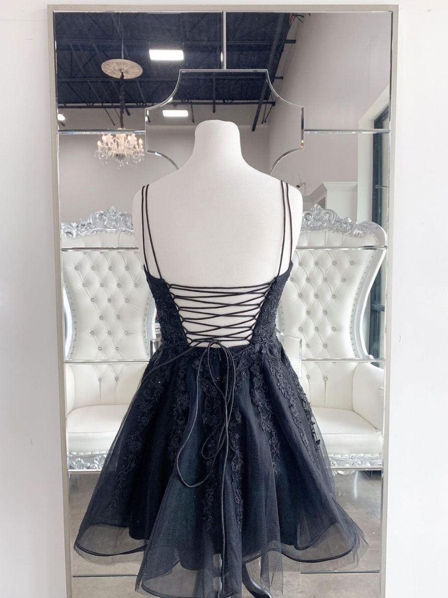 Black tulle lace applique beads short prom dress black homecoming dress