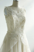 ivory round neck lace chiffon long prom dress, lace wedding dress