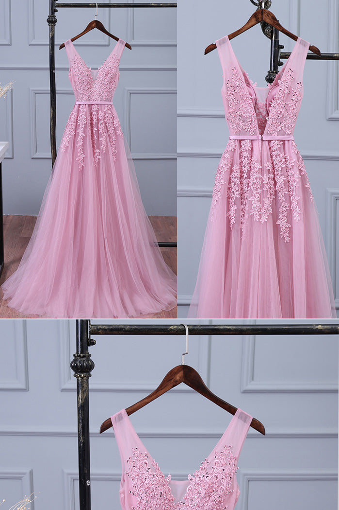 Pink v neck lace applique tulle long prom dress, pink bridesmaid dress dresstby Pink v neck lace applique tulle long prom dress, pink bridesmaid dress dresstby