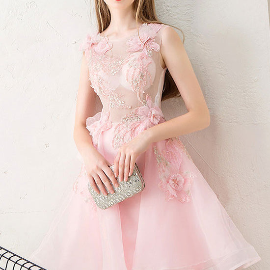 Pink tulle lace short prom dress, pink homecoming dress – dresstby
