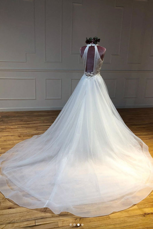 Unique white tulle long prom dress tulle long evening dress