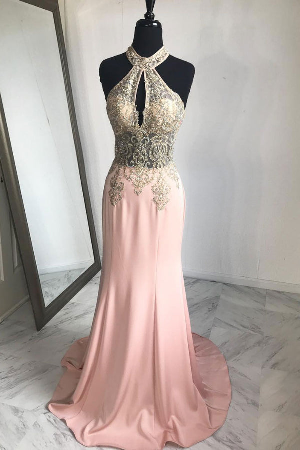 Pink lace mermaid long prom dress, pink evening dress