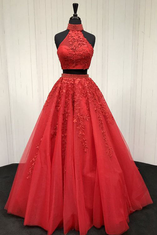 Red two pieces tulle lace applique long prom dress, red evening dress
