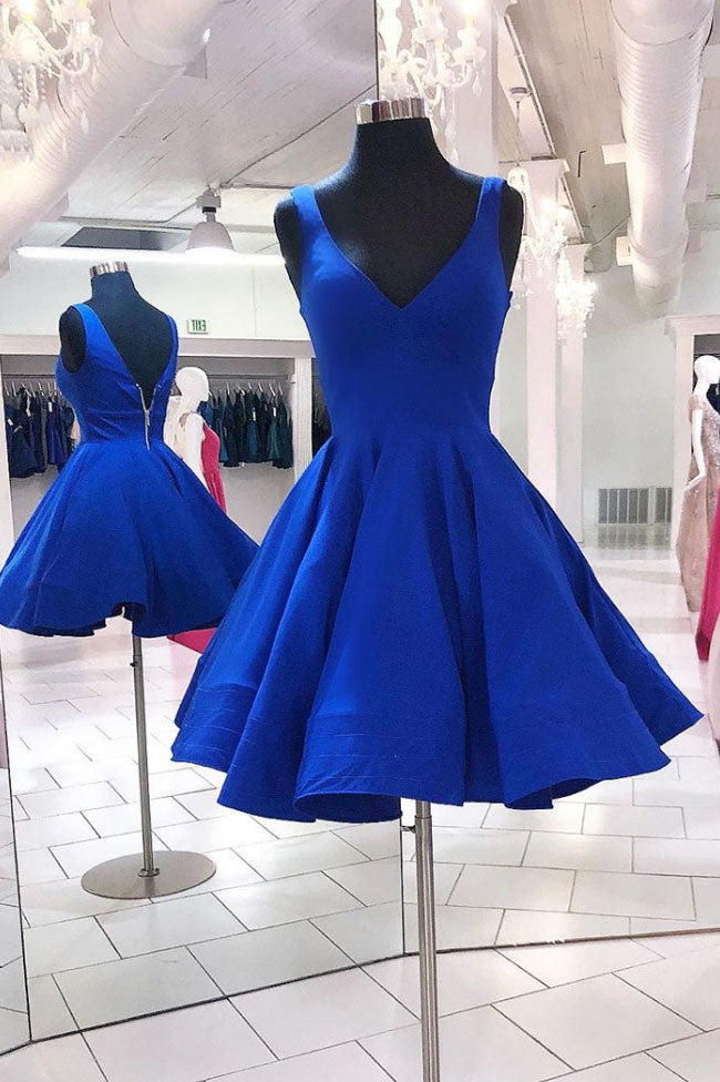 Simple blue v neck short prom dress blue homecoming dress