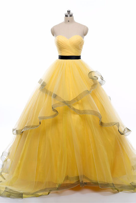 Yellow sweetheart tulle long prom dress, yellow evening dress
