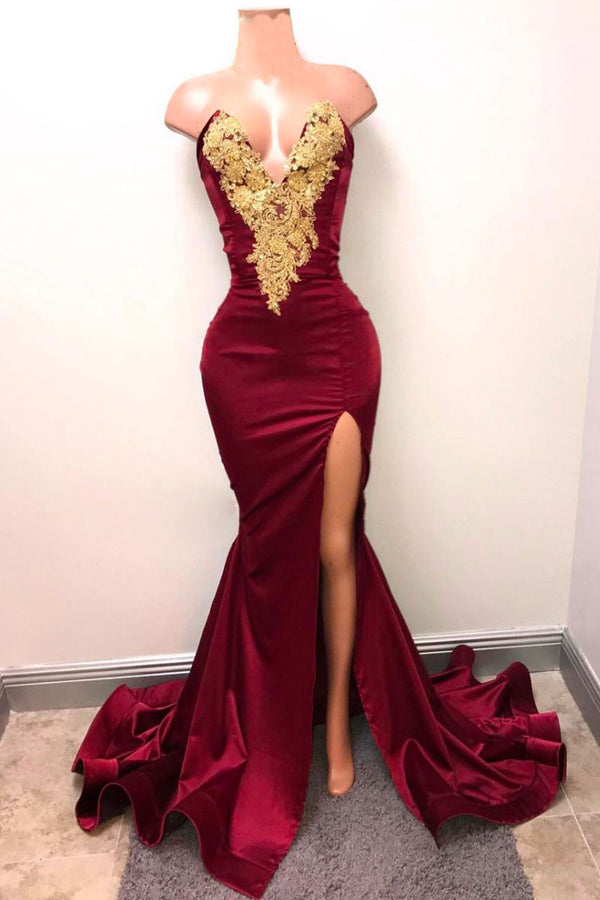 Burgundy lace mermaid long prom dress, burgundy evening dress