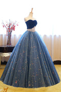 Blue sweetheart neck tulle long prom gown, blue sweet 16 dress