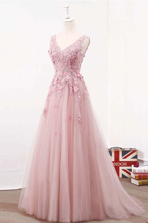 Pink v neck tulle lace long prom dress, pink evening dress