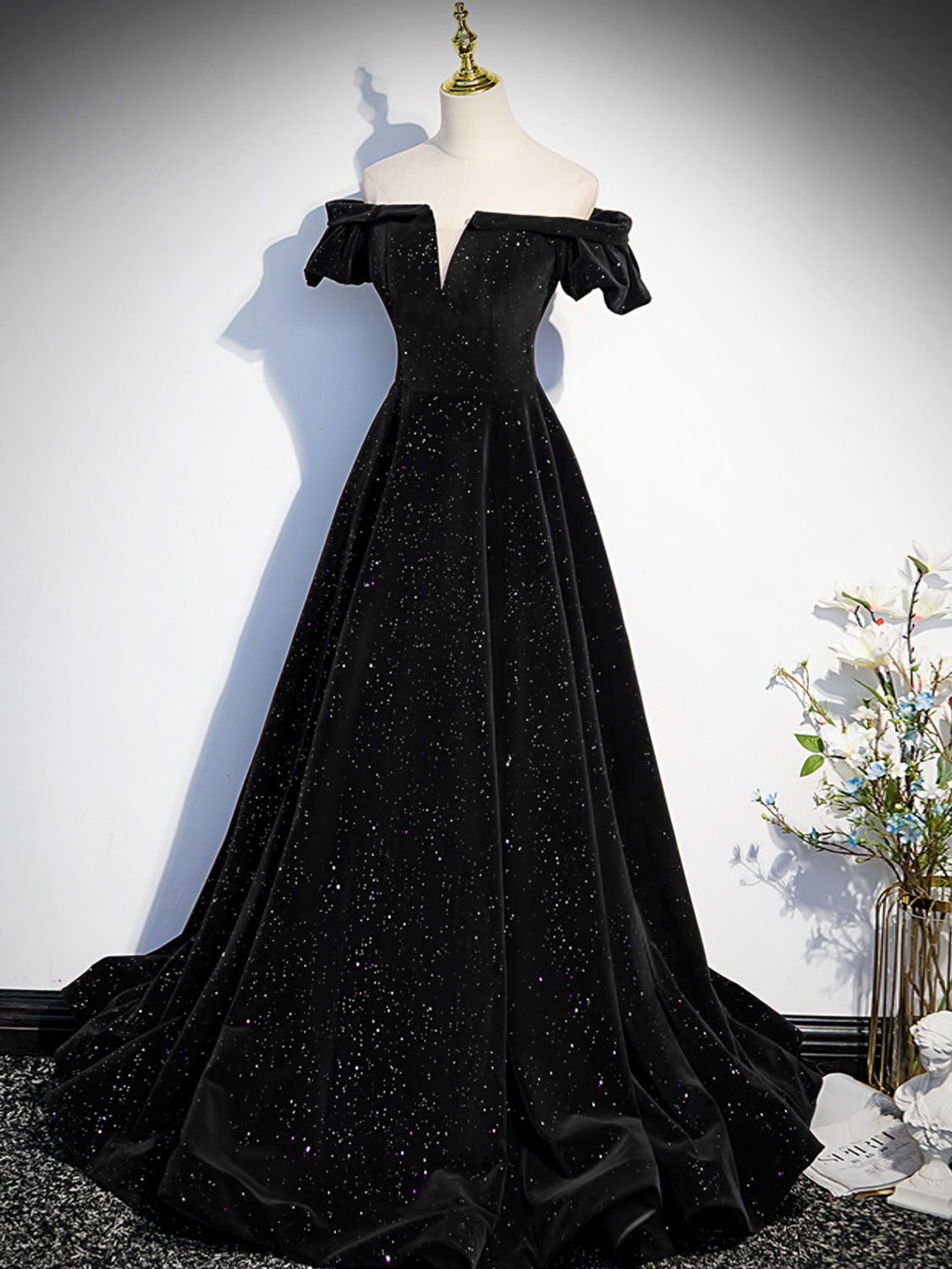Black A-line Off Shoulder Velvet Long Prom Dress, Velvet Formal Evenin dresstby Black A-line Off Shoulder Velvet Long Prom Dress, Velvet Formal Evenin dresstby
