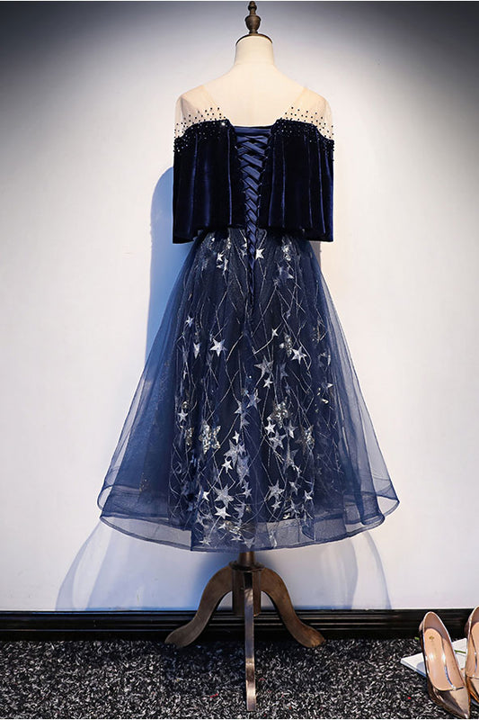Blue tulle lace short prom dress, blue evening dress