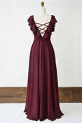 Simple burgundy chiffon long prom dress, burgundy evening dress