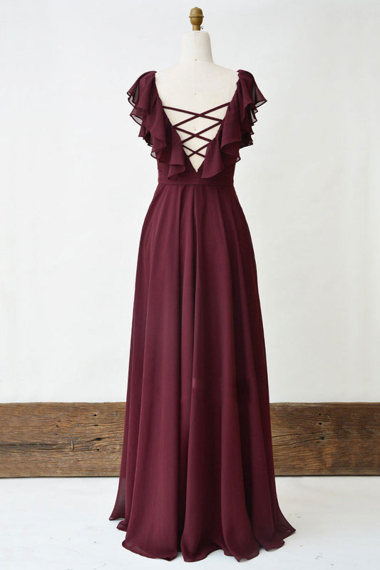 Simple burgundy chiffon long prom dress, burgundy evening dress