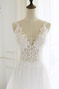 White v neck tulle lace long prom dress, white tulle evening dress