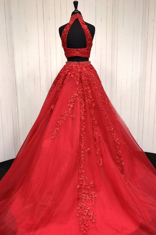 Red two pieces tulle lace applique long prom dress, red evening dress
