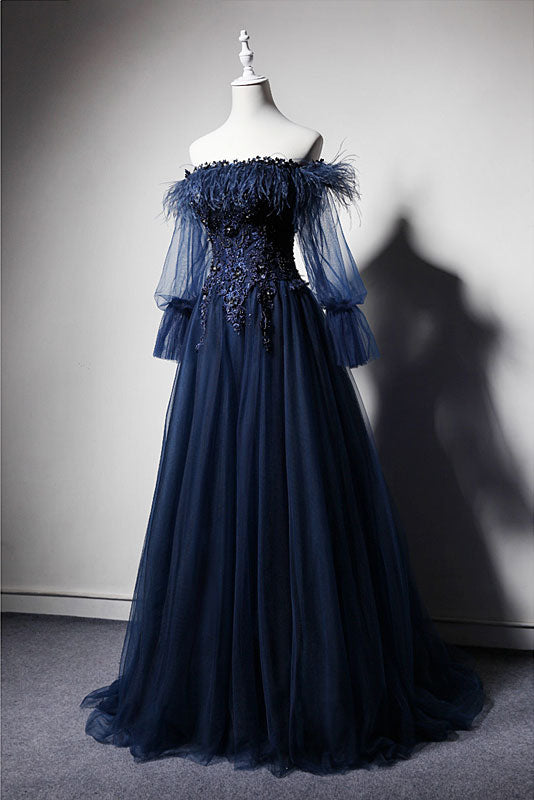 Dark blue off shoulder tulle long prom dress, blue evening dress dresstby Dark blue off shoulder tulle long prom dress, blue evening dress dresstby
