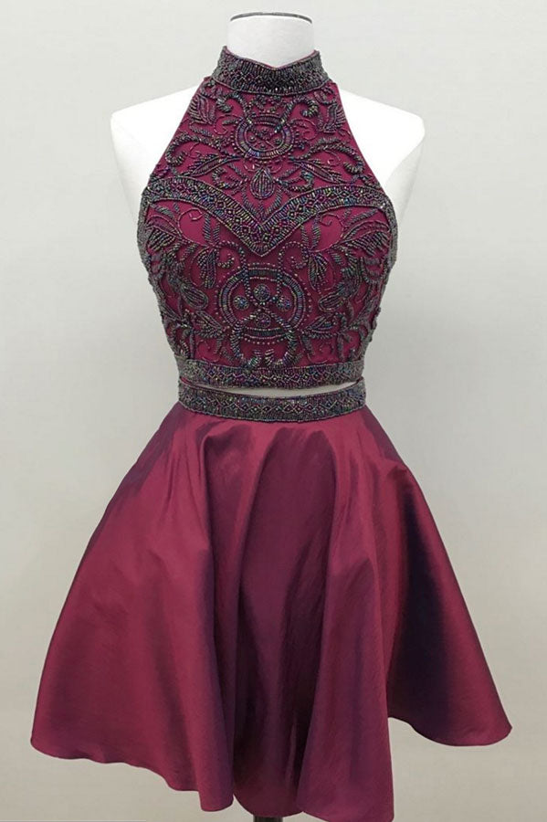 Burgundy two pieces beads short prom dress, burgundy homecoming dress