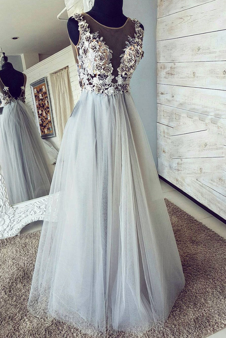 Gray round neck tulle lace long prom dress, gray evening dress