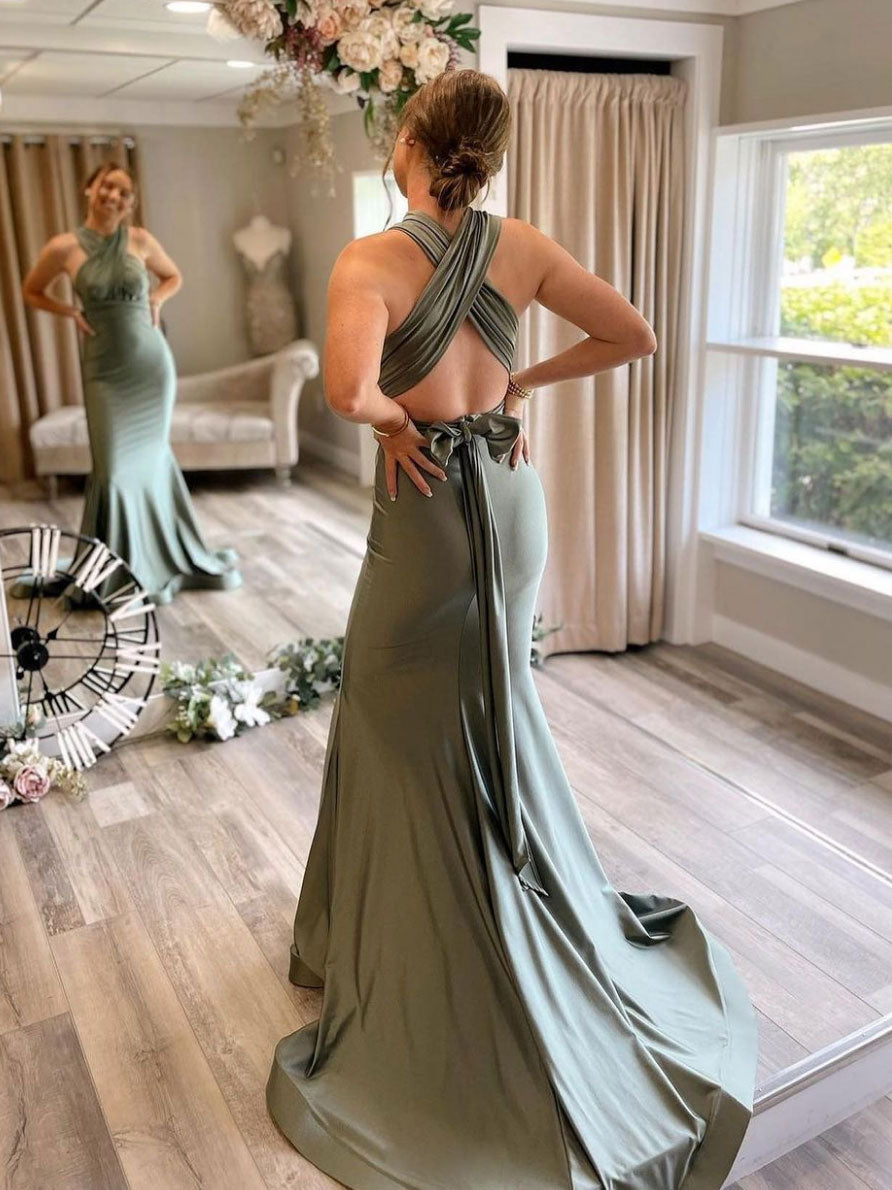 Gray green satin mermaid long prom dress, gray green evening dress