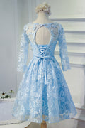 Blue round neck lace short prom dress, blue homecoming dress