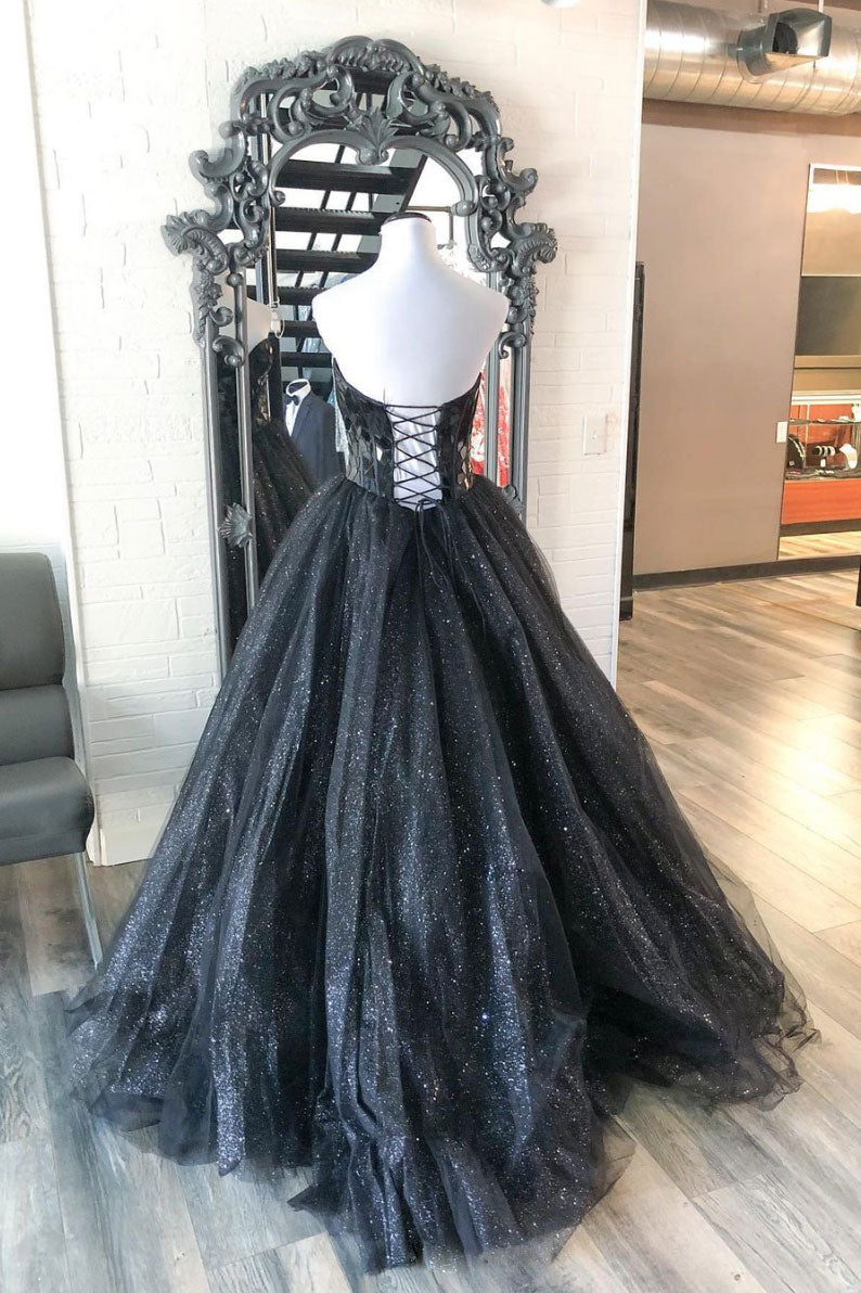 Black sweetheart tulle sequin long prom dress black tulle formal dress