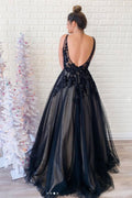 Black v neck tulle lace long prom dress black evening dress
