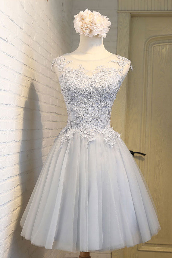 Simple round neck lace applique tulle short prom dress, homecoming dress