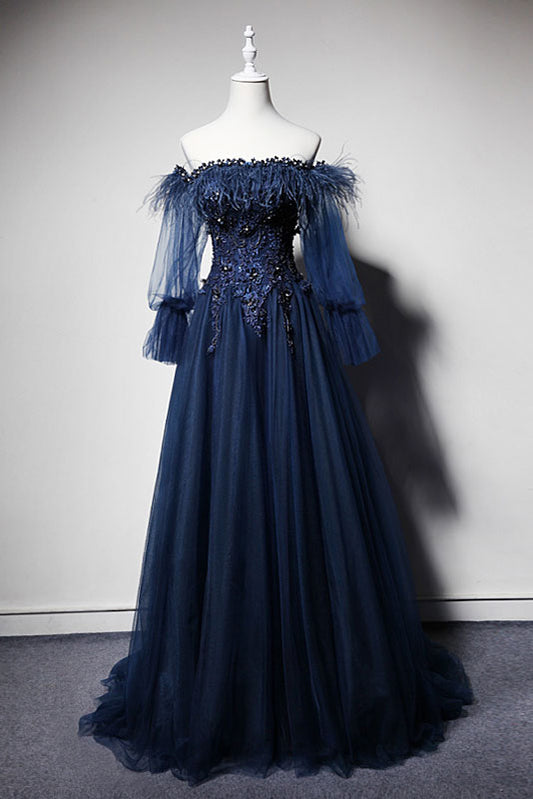Dark blue off shoulder tulle long prom dress, blue evening dress
